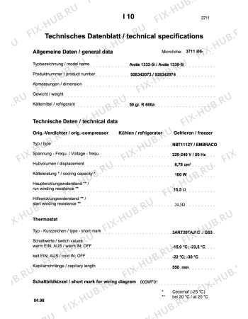 Взрыв-схема холодильника Aeg ARC1339-5 I - Схема узла Technical features