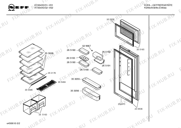 Схема №3 K1664X0 с изображением Дверь для холодильной камеры Bosch 00235506