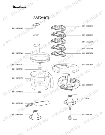 Взрыв-схема кухонного комбайна Moulinex AATD49(T) - Схема узла 1P002404.9P3