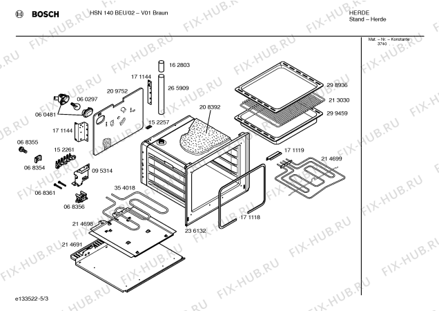 Схема №3 HSN140BEU с изображением Корпус духовки для духового шкафа Bosch 00236132