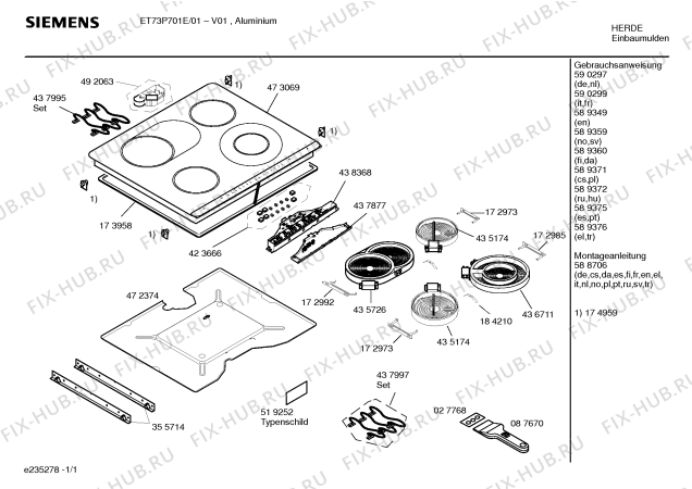 Схема №1 ET73P701 с изображением Инструкция по эксплуатации для плиты (духовки) Siemens 00590299