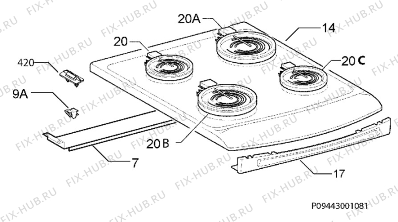 Взрыв-схема плиты (духовки) Electrolux EKC607601W - Схема узла Hob