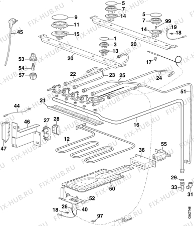 Взрыв-схема плиты (духовки) Electrolux EK6415/1 - Схема узла Oven and Top functional parts