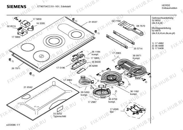 Схема №1 ET90754CC с изображением Инструкция по эксплуатации для духового шкафа Siemens 00528052
