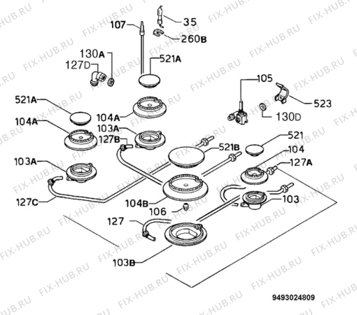 Взрыв-схема плиты (духовки) Faure CPG108W - Схема узла Functional parts 267