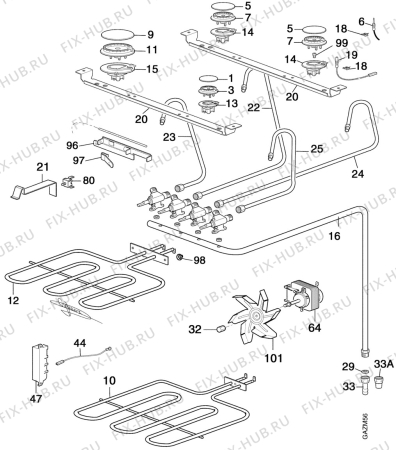 Взрыв-схема плиты (духовки) Electrolux EK6167W1 - Схема узла Oven and Top functional parts