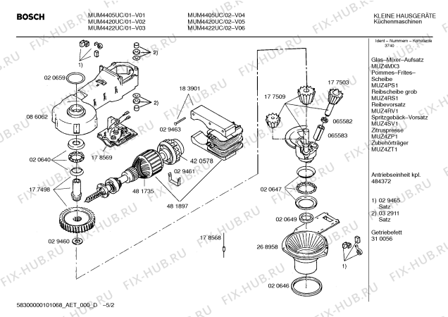 Схема №4 MUM4420UC Compact 400W Kitchen Center с изображением Привод для электрокомбайна Bosch 00484372