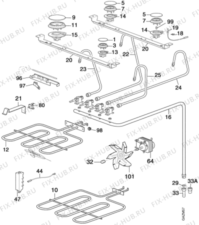 Взрыв-схема плиты (духовки) Electrolux EK6164W1 - Схема узла Oven and Top functional parts