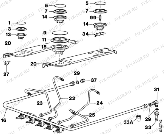 Взрыв-схема плиты (духовки) Electrolux EK5124/1 - Схема узла Oven and Top functional parts