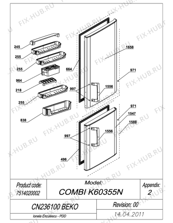 Взрыв-схема холодильника Beko BEKO CN236100 (7514020002) - EXPLODED VIEW DOORS CS 234020S BEKO