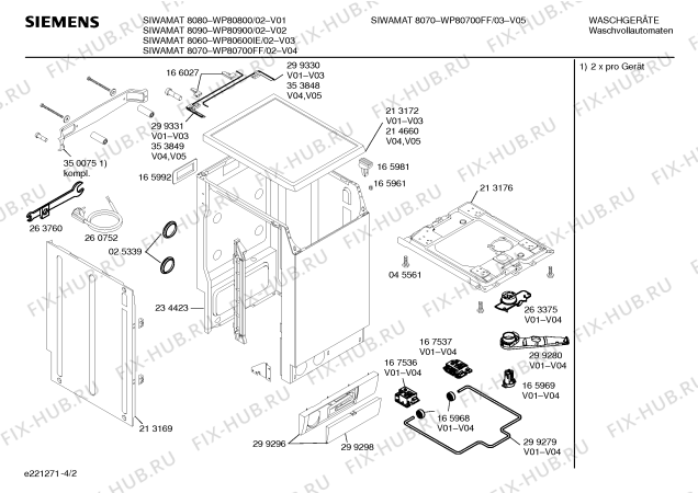Схема №4 WP80700FF SIWAMAT 8070 EURO с изображением Таблица программ для стиральной машины Siemens 00522961