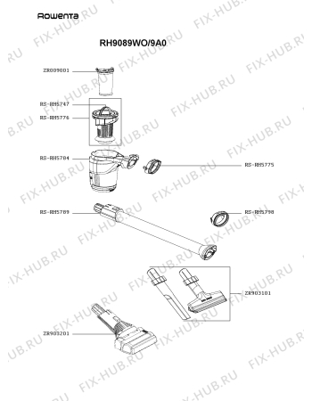 Взрыв-схема пылесоса Rowenta RH9089WO/9A0 - Схема узла 9P005444.1P2