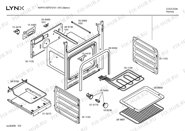 Взрыв-схема плиты (духовки) Lynx 4HP411BPDV 4dv411bp - Схема узла 02