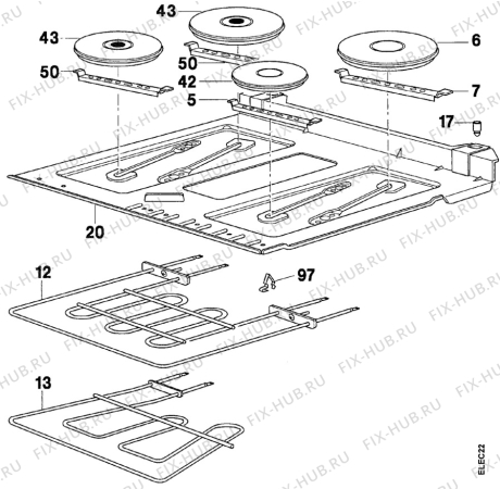 Взрыв-схема плиты (духовки) Arthurmartinelux CE6068-1 - Схема узла Oven and Top functional parts