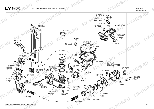 Взрыв-схема посудомоечной машины Lynx 4VS378BA -VS378 - Схема узла 04