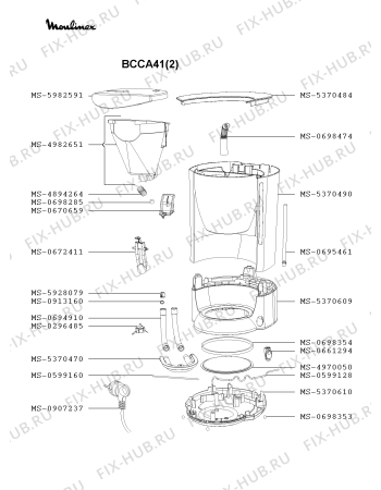 Взрыв-схема кофеварки (кофемашины) Moulinex BCCA41(2) - Схема узла 0P002552.4P2