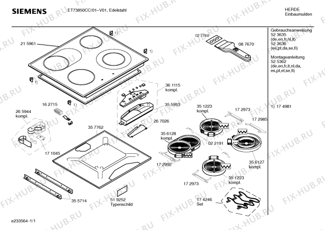 Схема №1 ET73850CC с изображением Модуль управления для плиты (духовки) Siemens 00361115