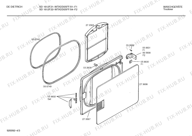 Схема №7 WTADD07FF DE DIETRICH SD1612F23 с изображением Крышка кнопки для сушилки Bosch 00065593