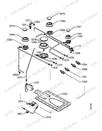 Взрыв-схема плиты (духовки) Electrolux EK9124 - Схема узла Burners