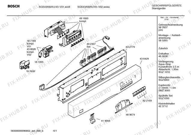 Схема №4 SGS43A92AU с изображением Передняя панель для посудомойки Bosch 00436429