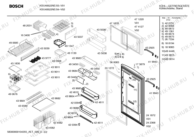 Схема №3 KSU40623NE с изображением Дверь для холодильной камеры Bosch 00241872