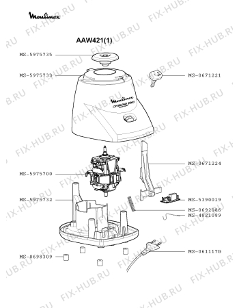 Взрыв-схема блендера (миксера) Moulinex AAW421(1) - Схема узла 6P001188.6P2