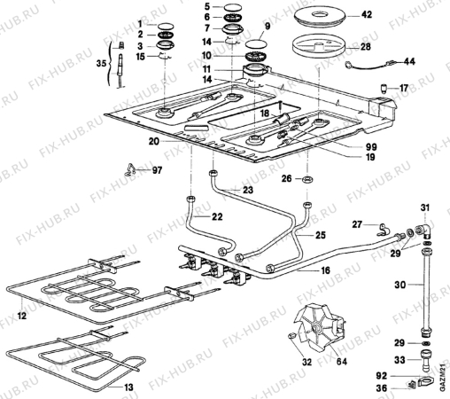 Взрыв-схема плиты (духовки) Arthurmartinelux CM6371W2 - Схема узла Oven and Top functional parts