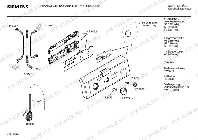 Схема №4 WXTS1230NL SIWAMAT XTS 1230 AquaStop с изображением Инструкция по установке и эксплуатации для стиралки Siemens 00585283