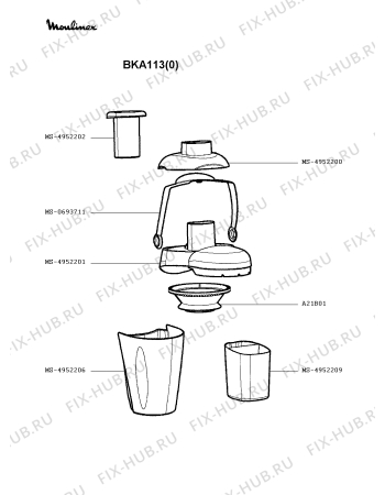 Взрыв-схема соковыжималки Moulinex BKA113(0) - Схема узла VP002494.3P2