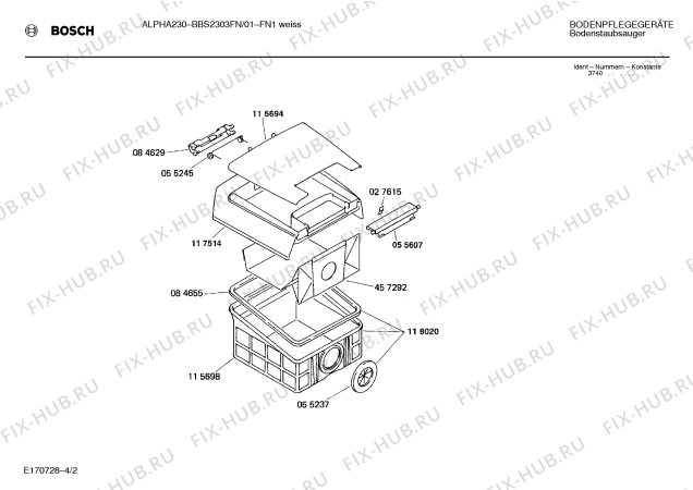 Взрыв-схема пылесоса Bosch BBS2303FN ALPHA 230 - Схема узла 02