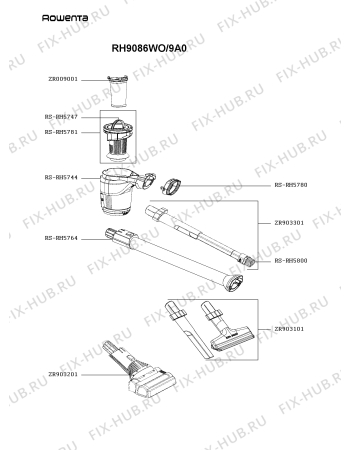 Взрыв-схема пылесоса Rowenta RH9086WO/9A0 - Схема узла ZP005309.9P2