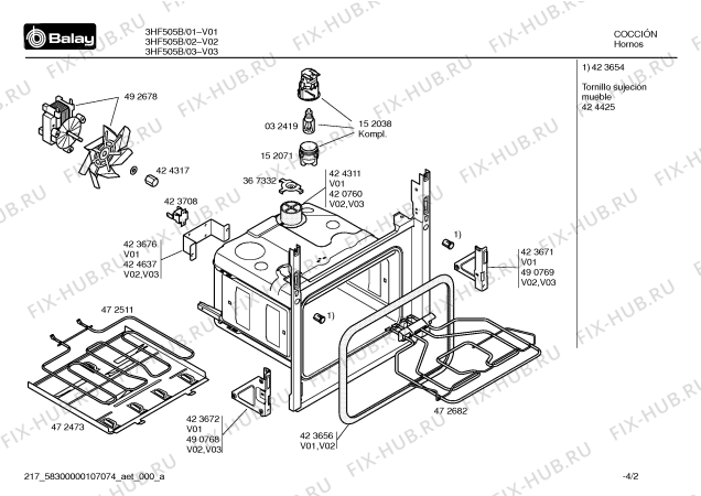 Взрыв-схема плиты (духовки) Balay 3HF505B - Схема узла 02