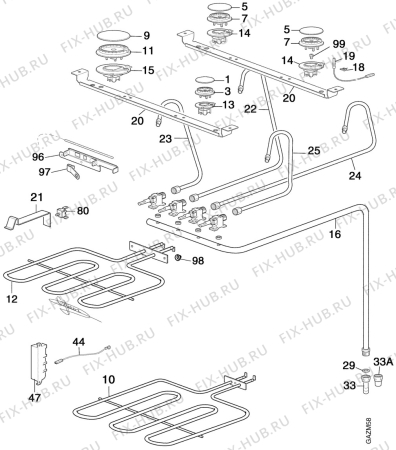 Взрыв-схема плиты (духовки) Electrolux EK6142W1 - Схема узла Oven and Top functional parts