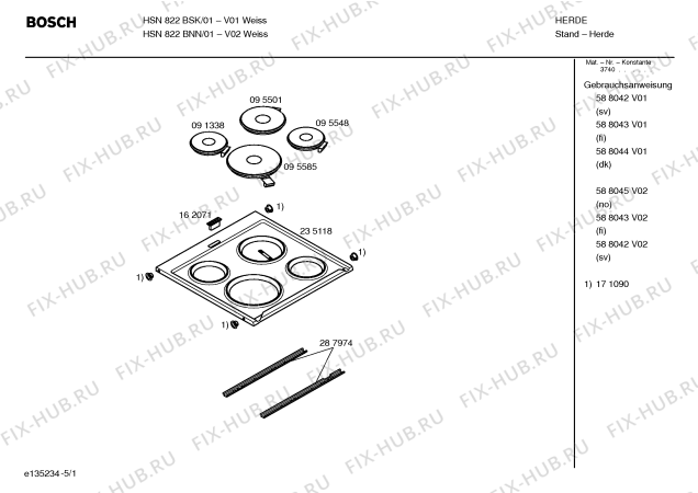 Схема №4 HSN822BSK с изображением Инструкция по эксплуатации для плиты (духовки) Bosch 00588043