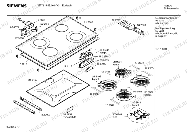 Схема №1 ET78154EU с изображением Инструкция по эксплуатации для плиты (духовки) Siemens 00529219