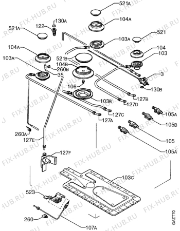 Взрыв-схема плиты (духовки) Faure CGL610W - Схема узла Oven and Top functional parts