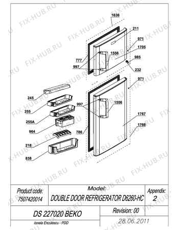 Взрыв-схема холодильника Beko DS227020 (7507420014) - EXPLODED VIEW DOORS DS 227020 BEKO