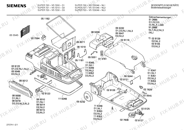 Схема №2 VS7231046 SUPER 723 ELECTRONIC с изображением Нижняя часть корпуса для пылесоса Siemens 00116353