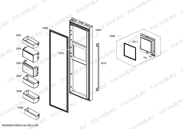 Схема №5 KAD80A404 Side by side с изображением Крышка для холодильной камеры Bosch 00657194