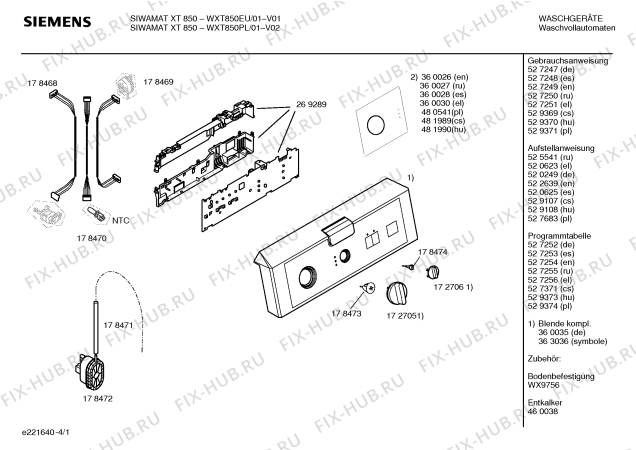 Схема №4 WXT850PL Siemens SIWAMAT XT 850 с изображением Панель управления для стиральной машины Siemens 00363036