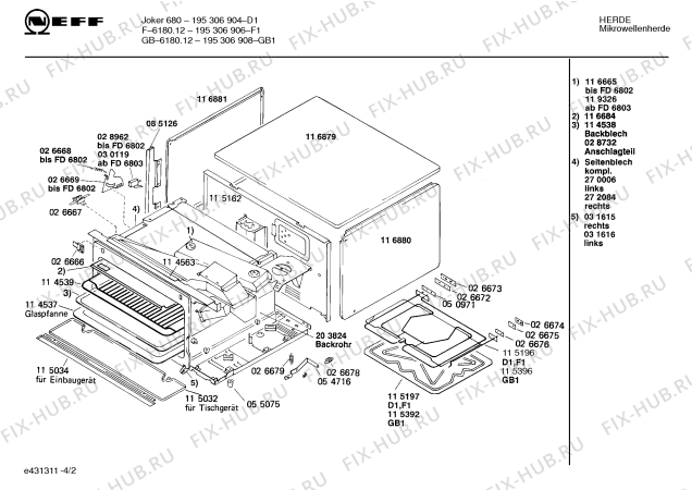 Схема №4 H6840G0FF F-6180.12 с изображением Боковая часть корпуса для микроволновой печи Bosch 00270006