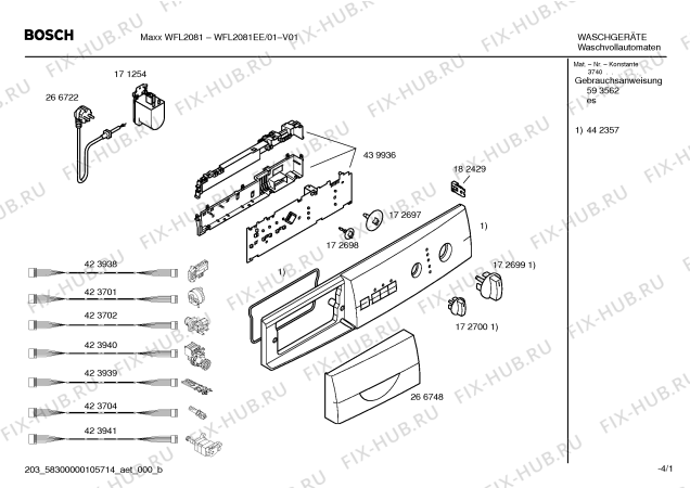 Схема №4 WFL2081EE Maxx WFL2081 с изображением Панель управления для стиралки Bosch 00442357