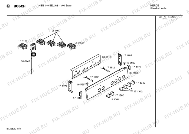 Схема №5 HSN140BEU с изображением Ручка управления духовкой для духового шкафа Bosch 00171361