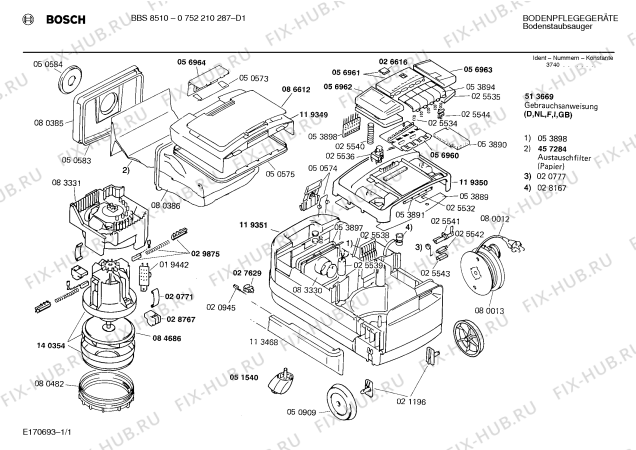 Схема №1 0752210287 BBS8510 с изображением Модуль для пылесоса Bosch 00056960