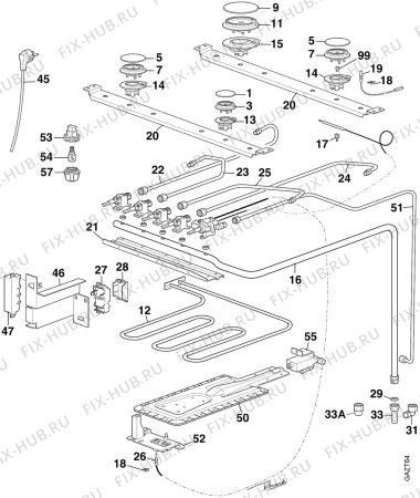 Взрыв-схема плиты (духовки) Electrolux EK5122/1 - Схема узла Oven and Top functional parts