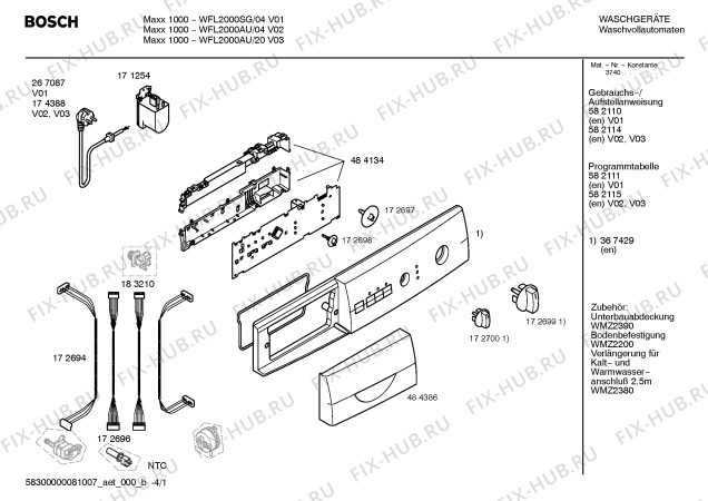 Схема №4 WFL2000AU Maxx1000 с изображением Таблица программ для стиральной машины Bosch 00582115