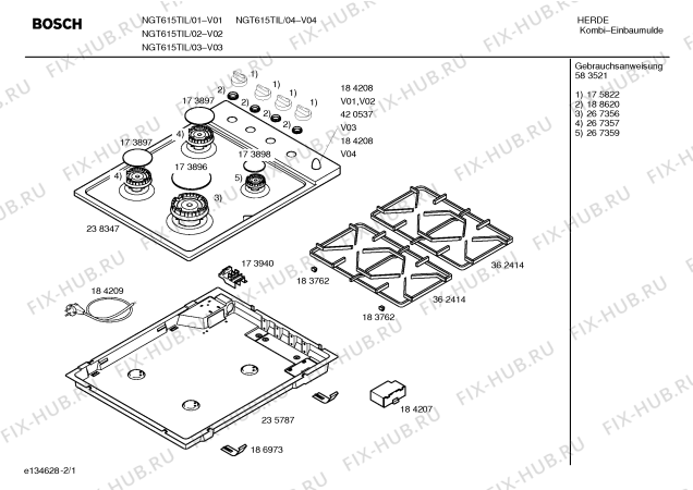 Схема №2 NGT615TIL Bosch с изображением Устройство поджига для плиты (духовки) Bosch 00184207