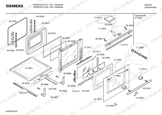 Схема №6 HE89E54CC с изображением Инструкция по эксплуатации для плиты (духовки) Siemens 00526909