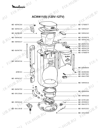 Взрыв-схема кофеварки (кофемашины) Moulinex ACW411(0) - Схема узла HP001571.3P2