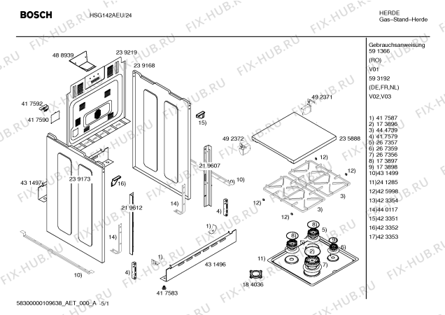 Схема №5 HSG142AEU Bosch с изображением Панель управления для плиты (духовки) Bosch 00362712